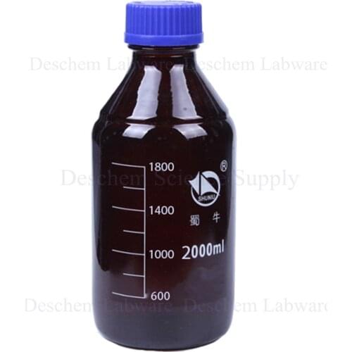 2000ml,Amber Brown Glass Reagent Bottle w/Plastic Blue Cap,Graduation 1800ml