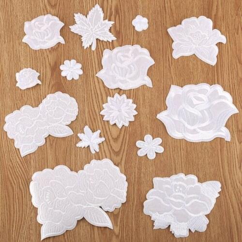 White Rose Flowers Embroidery Patches for Clothing Backpack Flower Leaf Iron on Patch Sewing Badge Sticker DIY Applique Stripes