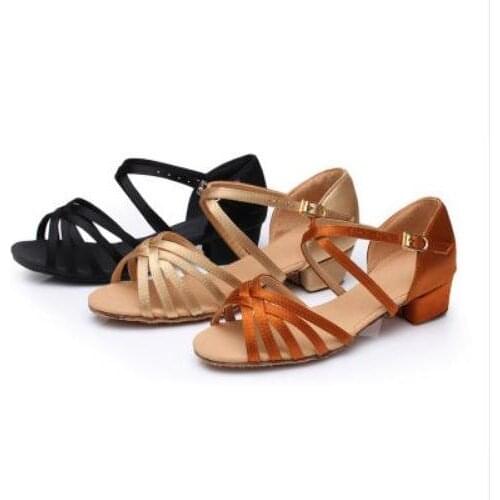 Free Shipping Low Heel Cheap On Sale Satin Women Children Kids Ballroom Salsa shoes Latin Dance Shoes For Girls