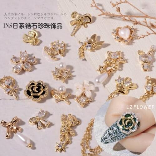 Luxury Zircon Pearl Nails Chain Pendant Jewelry 3D Charms Metal Butterfly Gold Base Nail Art Alloy Gem Stones For Nail Art Decor