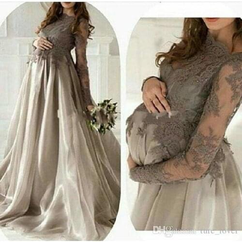 Elegant Maternity Long Sleeves Evening dress Jewel Lace Applique Organza Skirt Plus Size Pregnant Women Prom Gowns Gray V