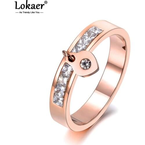 Lokaer Stainless Steel Ring Rose Gold Color AAA Zircon Shinning Rhinestone Hang Heart For Christmas Gift Girl Women R18142