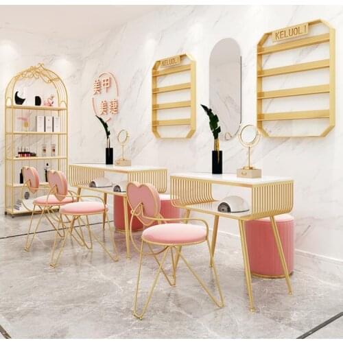 Red wind marble manicure table and chair set single double gold iron double deck simple manicure table