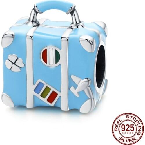 Travel suitcase blue enamel fit Pandora beads bracelet & necklace pendant sterling silver 925 charm woman DIY jewelry gift