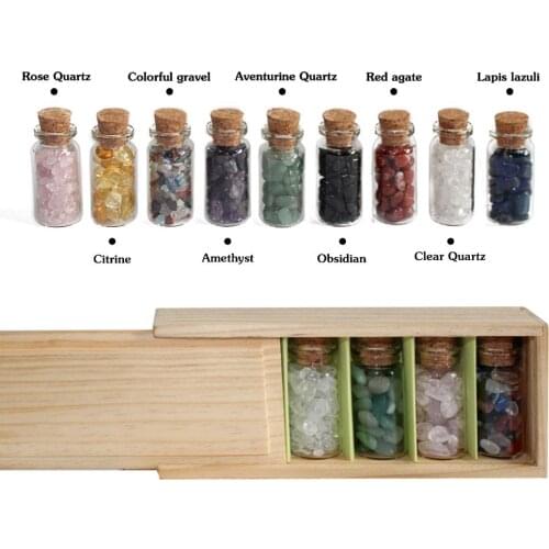 Mini Gemstone Bottles Chip Quartz Crystal Reiki Healing Tumbled Precious Stone Set Souvenir For Collection Gift Wooden Boxed DIY