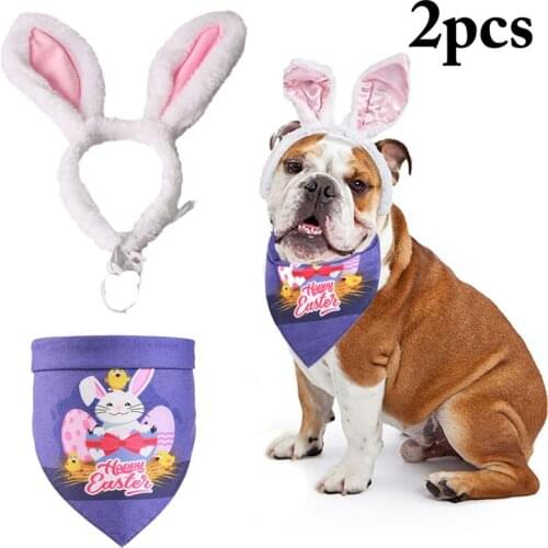 2PCS Easter Costume Set Cute Bunny Ears Headband Pet Bandana Bib for Cats Dogs