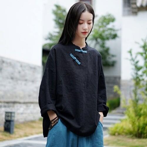 Chinese Style Clothing Women T-Shirt 2020 New Spring Cotton Linen Hanfu Long Sleeve Loose Vintage Blouse And Top Women 11615