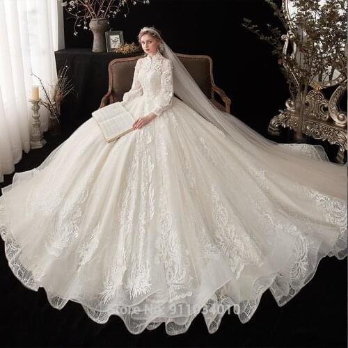 Stunning Shinny Wedding Dress High Collar Covered Button Long Sleeves 2020 Ball Bridal Gowns Real Work Amanda Novia