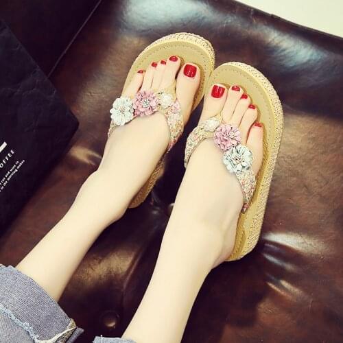 Women Beach Flip Flops Bohemia Style Slippers 2019 Summer Platform Shoes Woman Slip On Flax Sandals Ethnic Female Flower Slides