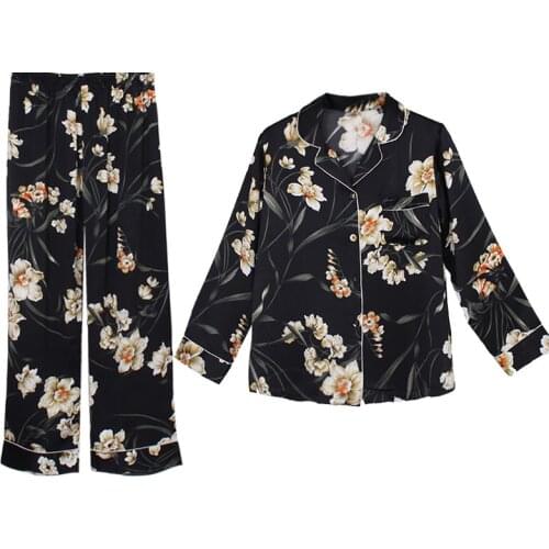 Mulberry 100% Silk Pajamas For Women Suit Flowers PJ Gift Long Sleeve Printed Floral Two-piece Home Service Sleepwear 19MM