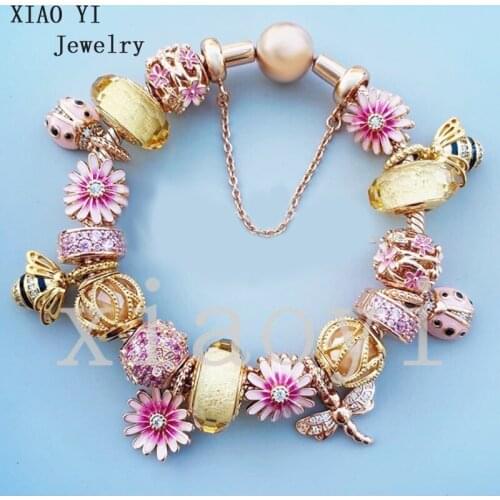 XIAOYI 2020 New 100% S925 Rose colour flower bee dragonfly dense set zircon clip glazed hollow out fashion bracelet female