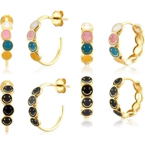 Happy Day Enamel Colorful Black Smile Smiley Face Geometric Circle Huggie Hoop Earring