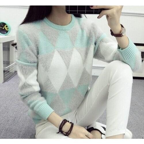 Women bottoming knitted fashion shirt long sleeve plaid casual jacket diamond thickening loose pullover female sweater