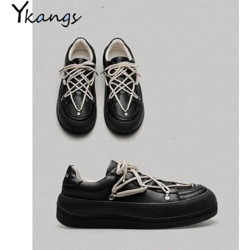 Black Low-top Lace-up PU Leather Shoes New Street Style Platform Womens Vulcanized Shoes Campus Style All-match Ladies Sneakers