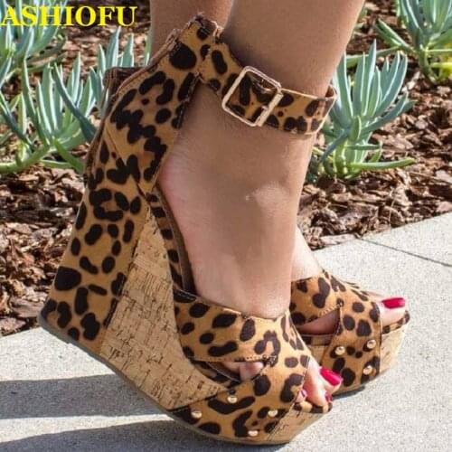 ASHIOFU 2020 Handmade New Hot Sale Ladies Wadge Heel Pumps Peep-toe Buckle Strap Dress Shoes Leopard Fashion Court Shoes