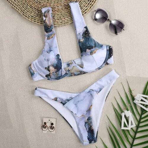 Marble Print V-bar Underwired Push up bikini 2021 Female Swimsuit Women Swimwear Two pieces bikini set Bather bathing suit Swim