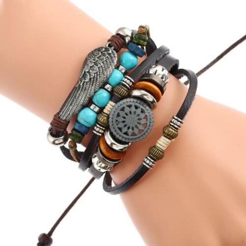 Fashion Women Wing Wristbands Casual Multilayer Leather Bracelet Boho Vintage Flower Beads Charms Wrap Bangle Retro Jewelry Gift