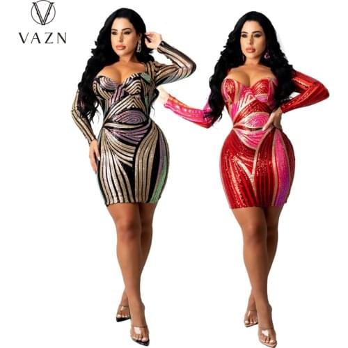 VAZN 2021 Formal Glitter Sequins Full Sleeve O-neck Elegant Mini Party Dresses Sexy Club Birthday Women Elegant Fashion Dress