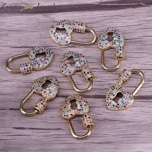 5PCS, Heart Key shape Gold color rainbow CZ Micro pave DIY Jewelry Clasps Lock Carabiner For Jewelry Making
