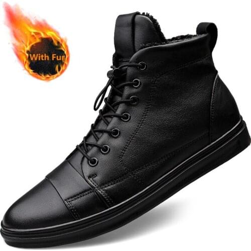 Brand Mens Boots Genuine Leather Casual Shoes Warm With Fur Snow Boots Winter Flats Sneakers Vulcanize Comfy Footwear for Male