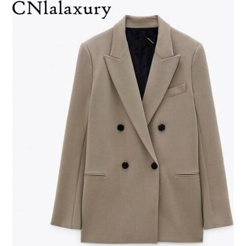 CNlalaxury Za Women 2021 Solid Blazer Coat Vintage Double Breasted Long Sleeve Jacket Female Outerwear Chic Tops Veste Femme