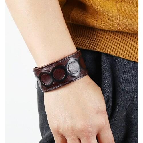 European & American Trendy Simple Print Punk Wrap Bracelet Genuine Leather Strap Vintage Wrist Bracelet High Quality Men Jewelry