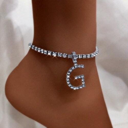 Flatfoosie A-Z Initial Letter Anklets For Women Silver Color Rhinestone Alphabet Ankle Bracelet Boho Beach Foot Chain Jewelry