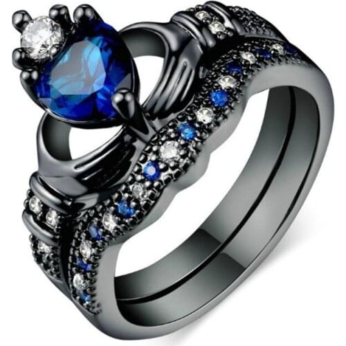 FYJS Unique Black Alloy Crown with Blue Heart Crystal Finger Ring Cubic Zirconia Engagement Jewelry