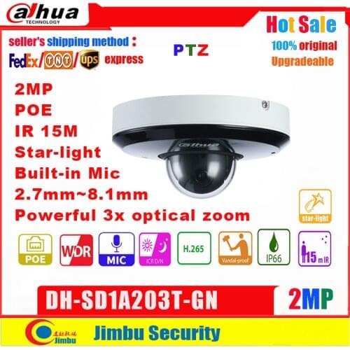 Dahua Starlight PTZ Camera SD1A203T-GN 2MP 1/2.8'' lens 2.7~8.1mm CMOS IVS PoE IR 15m IP66 built in mic Micro SD card