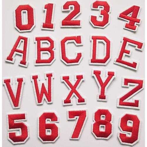 Fashion Stickers Red 26 Letters A-Z Embroidery Patches For Clothing Iron On Patch DIY Applique Clothes T-shirt Numbers 0-9