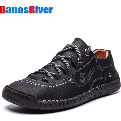 Men Shoes Leather Casual Loafers Comfortable Flat Lace-up Footwear Big Size 48 Fashion Handmade Moccasins Soft Slip on Boat Shoe