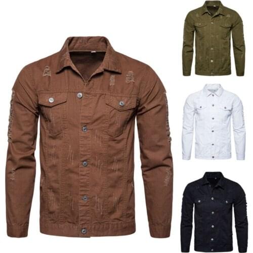 Mens Casual Jeans Jacket Washed Denim Slim Fit Hole Thick Coat Top Button Solid Color Long Sleeve Lapel Fashion
