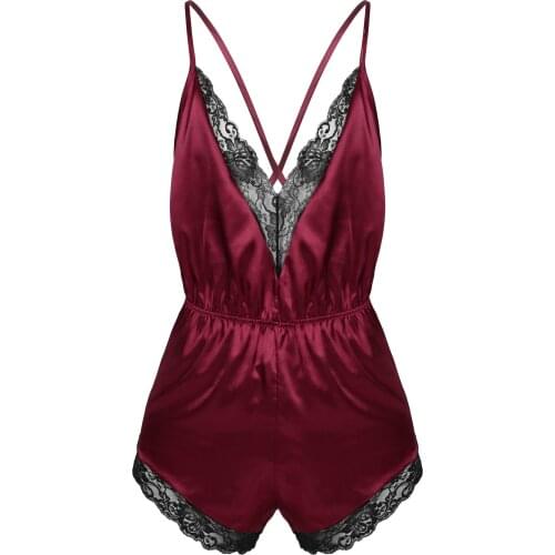 Mens Erotic Lingerie Pajamas Romper Sleepwear Adjustable Spaghetti Strap Lace Trimmed Jumpsuit Satin V-neck Gay Male Nightwear