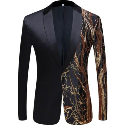 2020 Mens Gold Sequins Slim Fit Black Balzer Hip Hop Stage Singers Prom Dress Suit Jacket Party Jacket Men