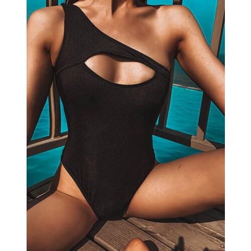 NEW 2021 Ribbed One shoulder Women Swimwear One Piece Swimsuit Female Bather High Cut Monokini Sexy Bathing Suit Swim Bodysuit