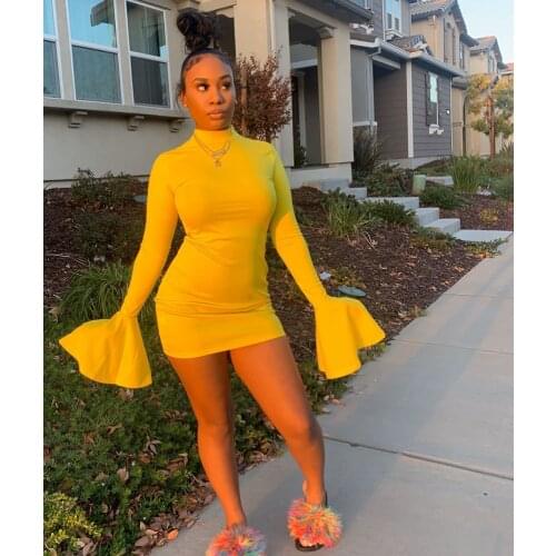 Echoine Solid Turtleneck Autumn Long Sleeve Flare Sleeve Mini Dress for Women Skinny Sexy Bodycon Sexy Fitness Vintage Vestidos