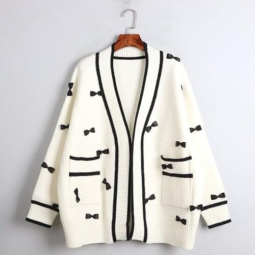 Autumn Winter Sweater Female Cardigan Loose Streetwear Knit Sweater Coat Cute Cartoon Print V Neck knitted cardigan Women Jacket