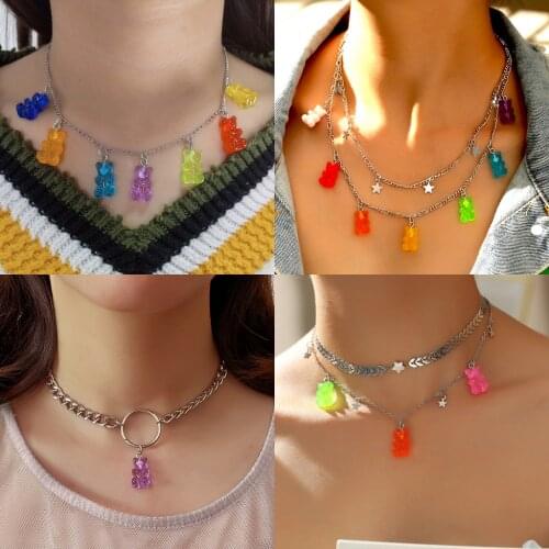 Candy Color Gummy Mini Bear Necklace for Women Christmas Gifts Collare Star Pendants Necklaces Jewelry Handmade Femme Bijoux