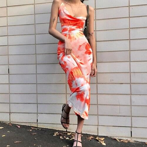 Tie Dye Print Fashion Sexy Backless Lace Up Midi Dresses Sleeveless Club Party Holiday Spaghetti Strap Sundress