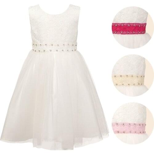 High Quality Girl Party Dress White Sleeveless Dress with Diamante Waist Band Party Wedding Bridesmaid Ball Gown Formal Clothing