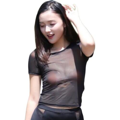 Mesh Transparent Thin Short T-Shirt Women Sex Appeal Korean Mesh Top Streetwear Sexy Short Sleeve T-shirt Clubwear Tee Shirt Top