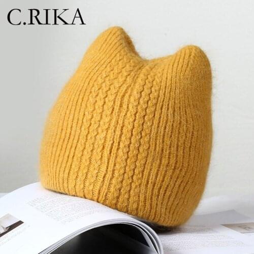 Rabbit Fur Ear Winter Hats for Women Knit Beanie Hat Woman Skullies Beanies for Ladies Knitted Hat Cashmere Autumn Solid Bonnet