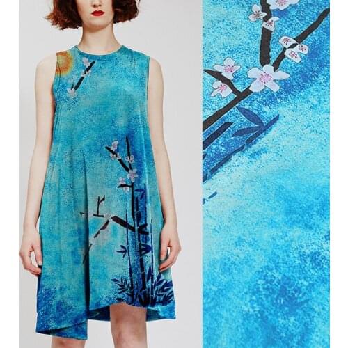 130*135CM 35MM Bamboo Print Blue Pink Silk Linen Fabric for Summer Spring Jacket Dress Shirt Clothes J080