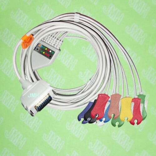Compatible with 15 pin Fukuda,Customed,Bosch EKG monitor Machine,One-piece 10 lead ECG cable and clip leadwires,IEC or AHA