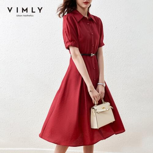 VIMLY Summer Red Dresses For Women Elegant Office Lady Shirt Dress Button Sashes A Line Dress Maxi Dress Female Vestidos F7279