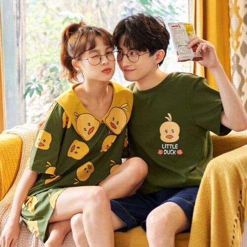 Female Couples Cotton Thin Cartoon Cute Short Sleeves Loose Male Or Females Leisurewear Suits