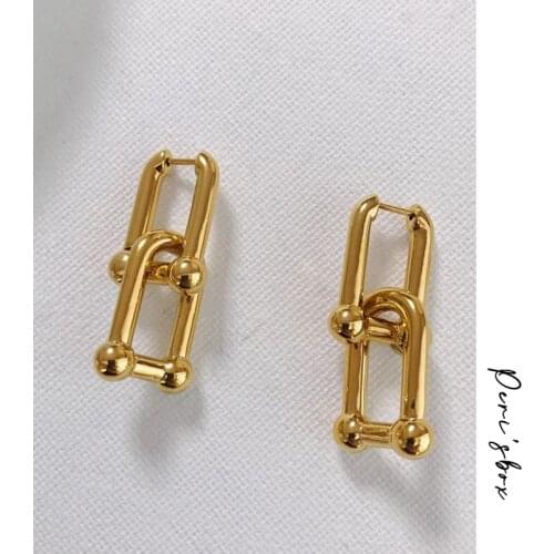 PerisBox Thick Link U Shape Geometric Earrings Brass Gold Drop Earrings for Women Chic Stylish Earrings Celebrity Jewelry