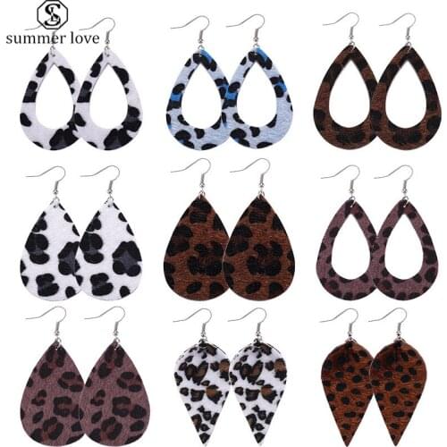 Womens Leopard Print Dangle Earrings Jewelry Vintage Round Teardrop Leaf PU Leather Earrings Accesorios Mujer Boho Jewelry