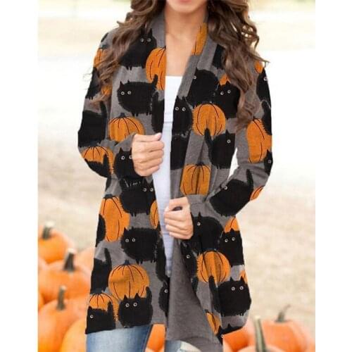 Women Halloween Print Long Cardigan Autumn Long Sleeve Irregular Cardigan Coat Casual Loose Outerwear Chic Top Manteau Femme