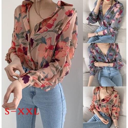 Summer Floral Print V-neck Long Sleeve Puff Sleeve Thin Lapel Top Button T-shirt Top Ladies Traf Fashion Clothing Women 2021 new